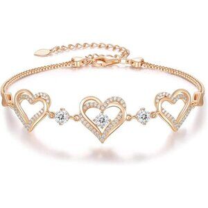 925 Sterling Silver Heart Link Bracelet Birthstone Love Charm Gift Womens